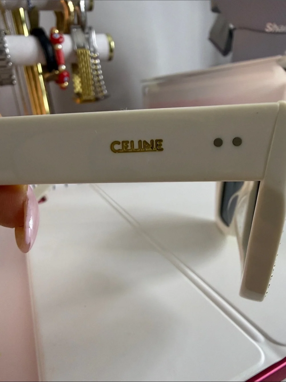 Celine White Rectangular Sunglasses with Crystal Trim and Dark Lenses